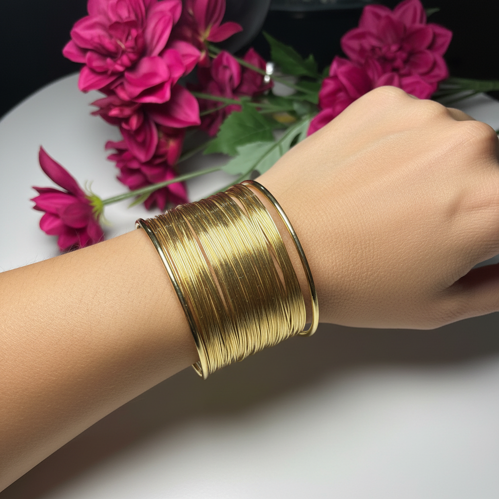 Model wearing antitarnish wired cuff bracelet