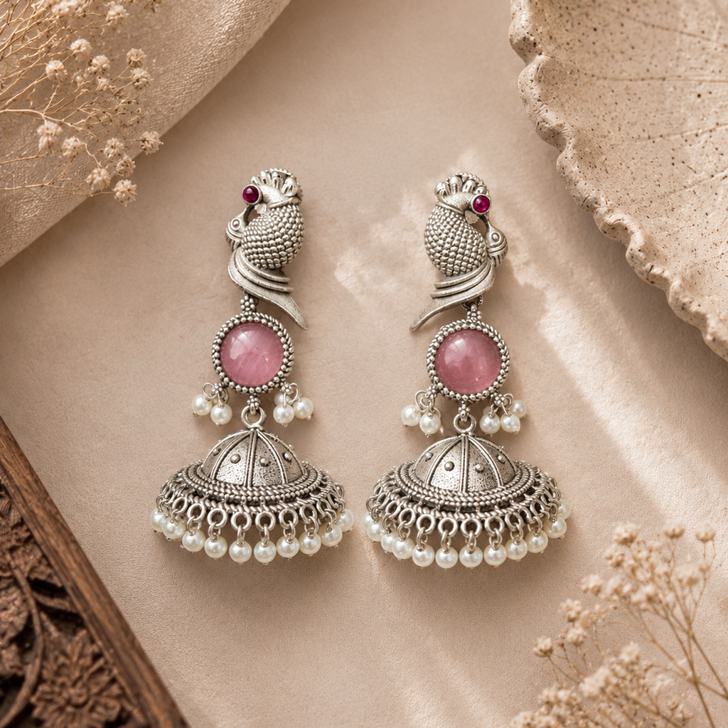 Morika Pink Stone Oxidized Jhumkas