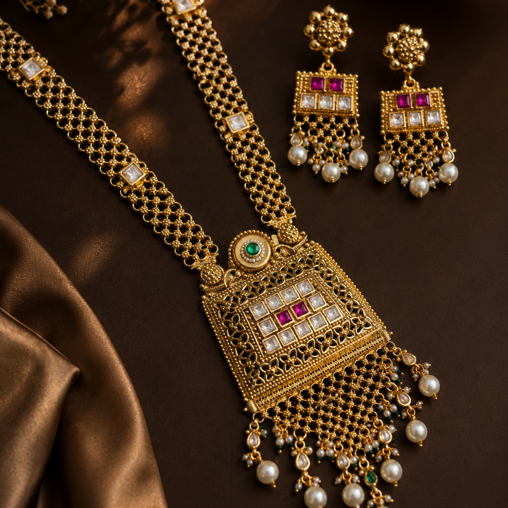 Antique Gold Kundan Polki Rani Haar with Pearl Tassels