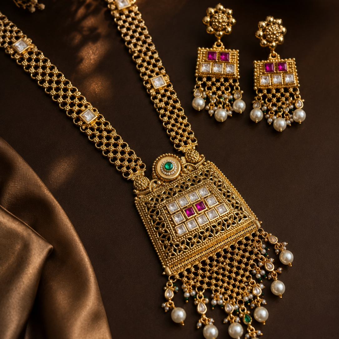 Antique Gold Kundan Polki Rani Haar with Pearl Tassels