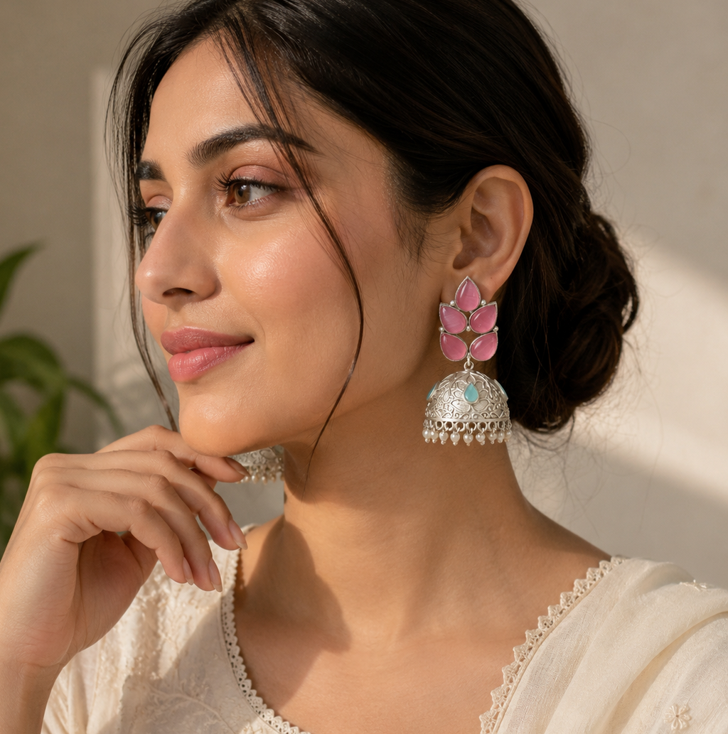 Blush Petal Pink Oxidized Jhumkas