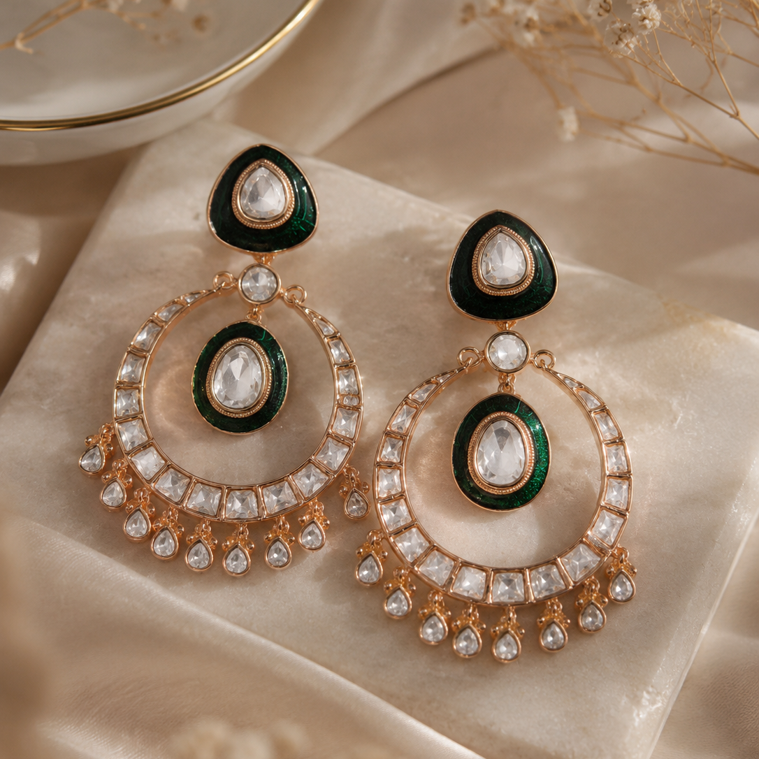 Emerald Enamel Polki Chandbali Earrings