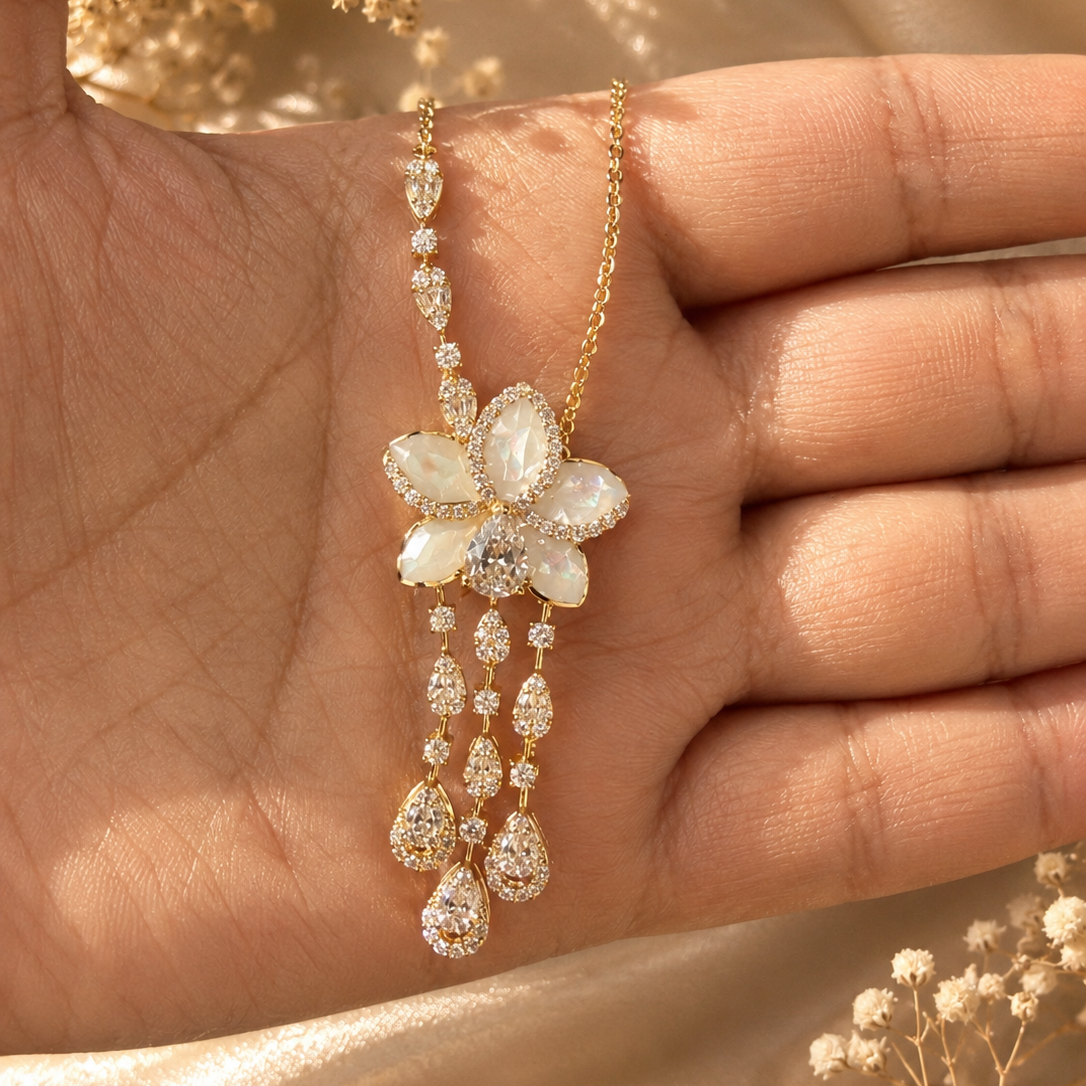 Ivory Bloom Enamel Pendant Necklace