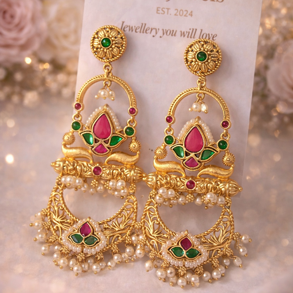 Golden Chandbalis With Pink Stone