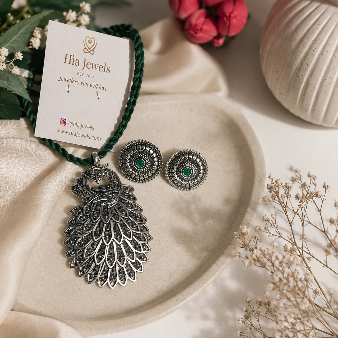 Mayura Green Oxidized Necklace Set