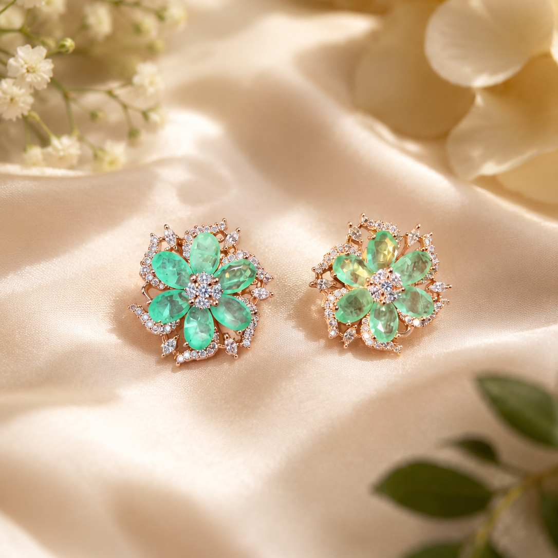 Mint Blossom Crystal Stud Earrings