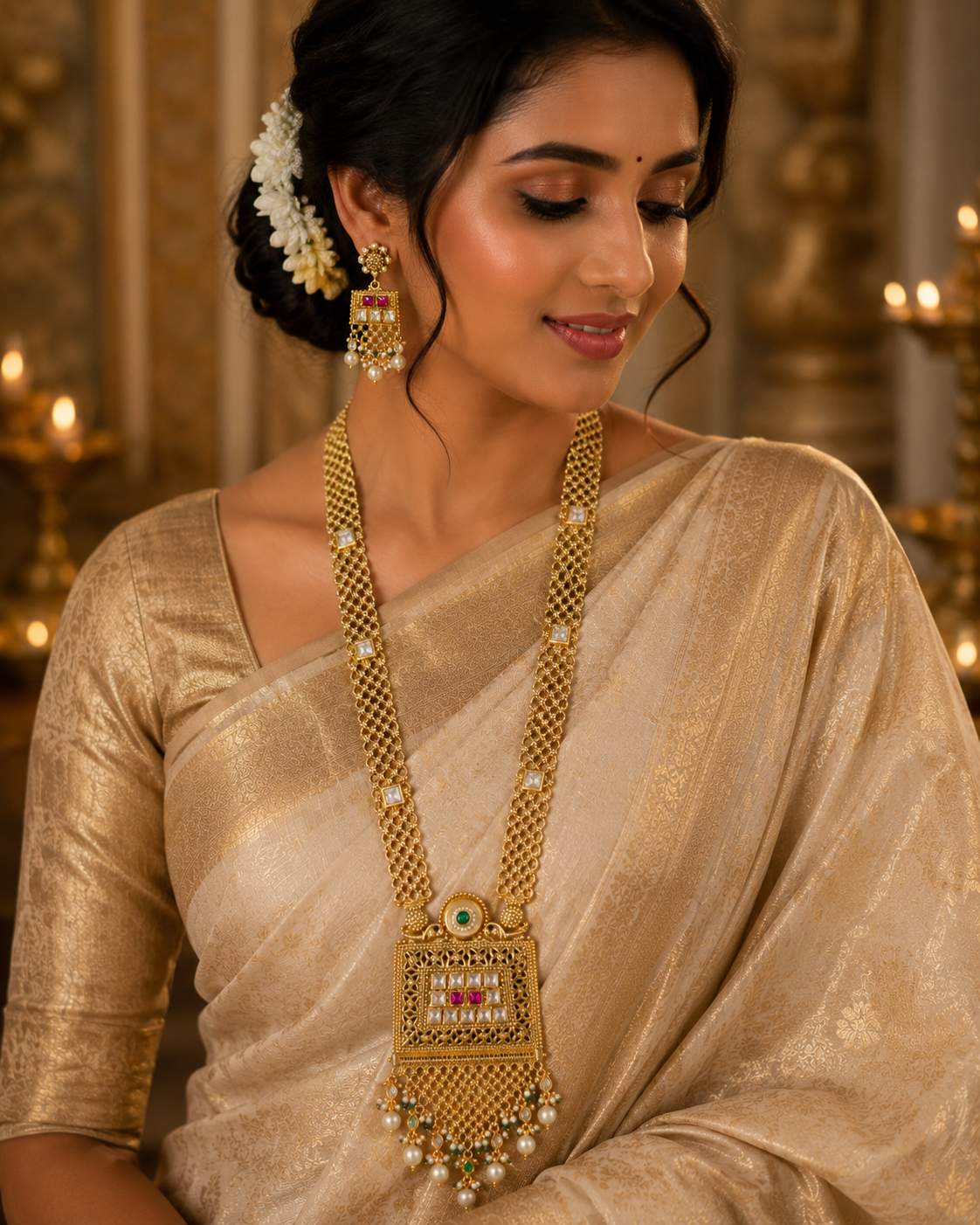Antique Gold Kundan Polki Rani Haar with Pearl Tassels