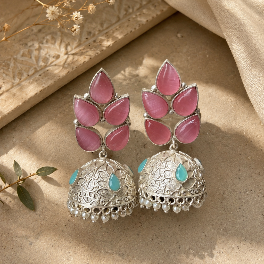 Blush Petal Pink Oxidized Jhumkas