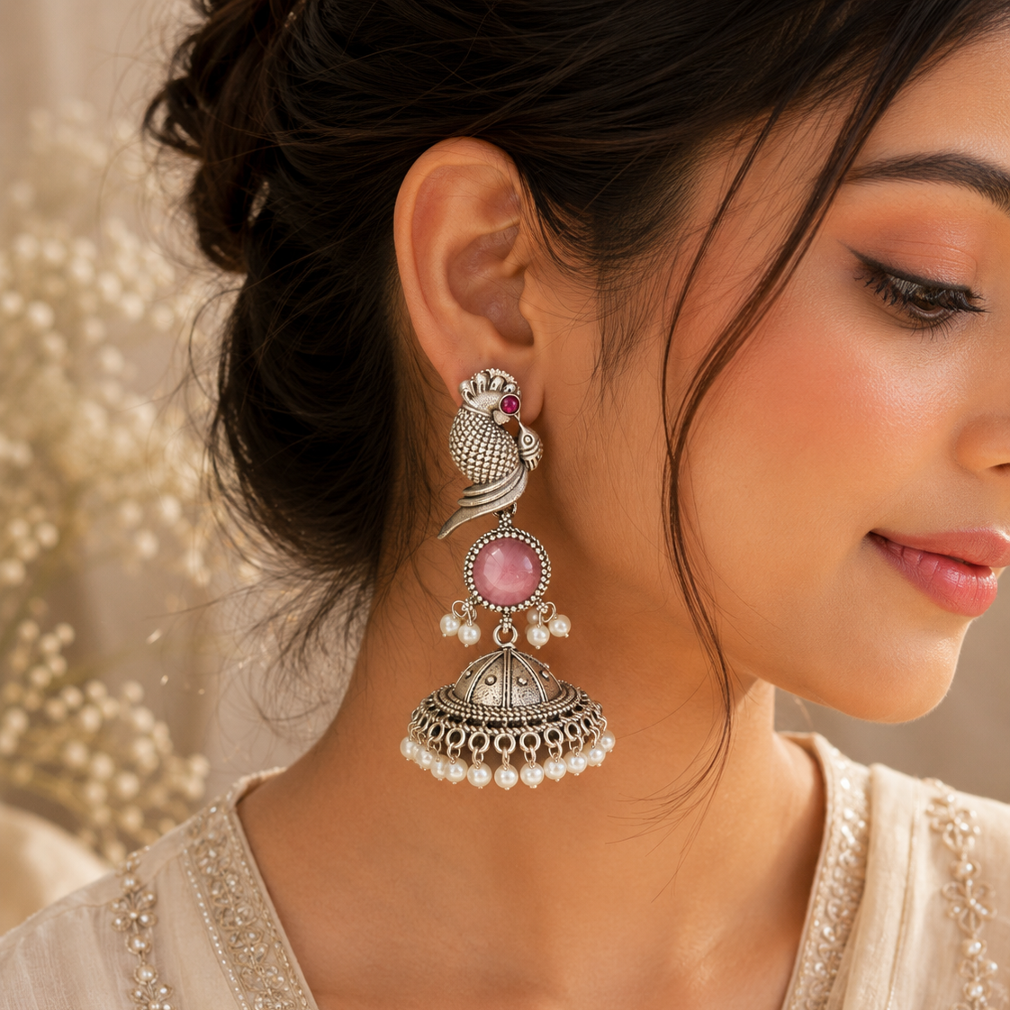 Morika Pink Stone Oxidized Jhumkas