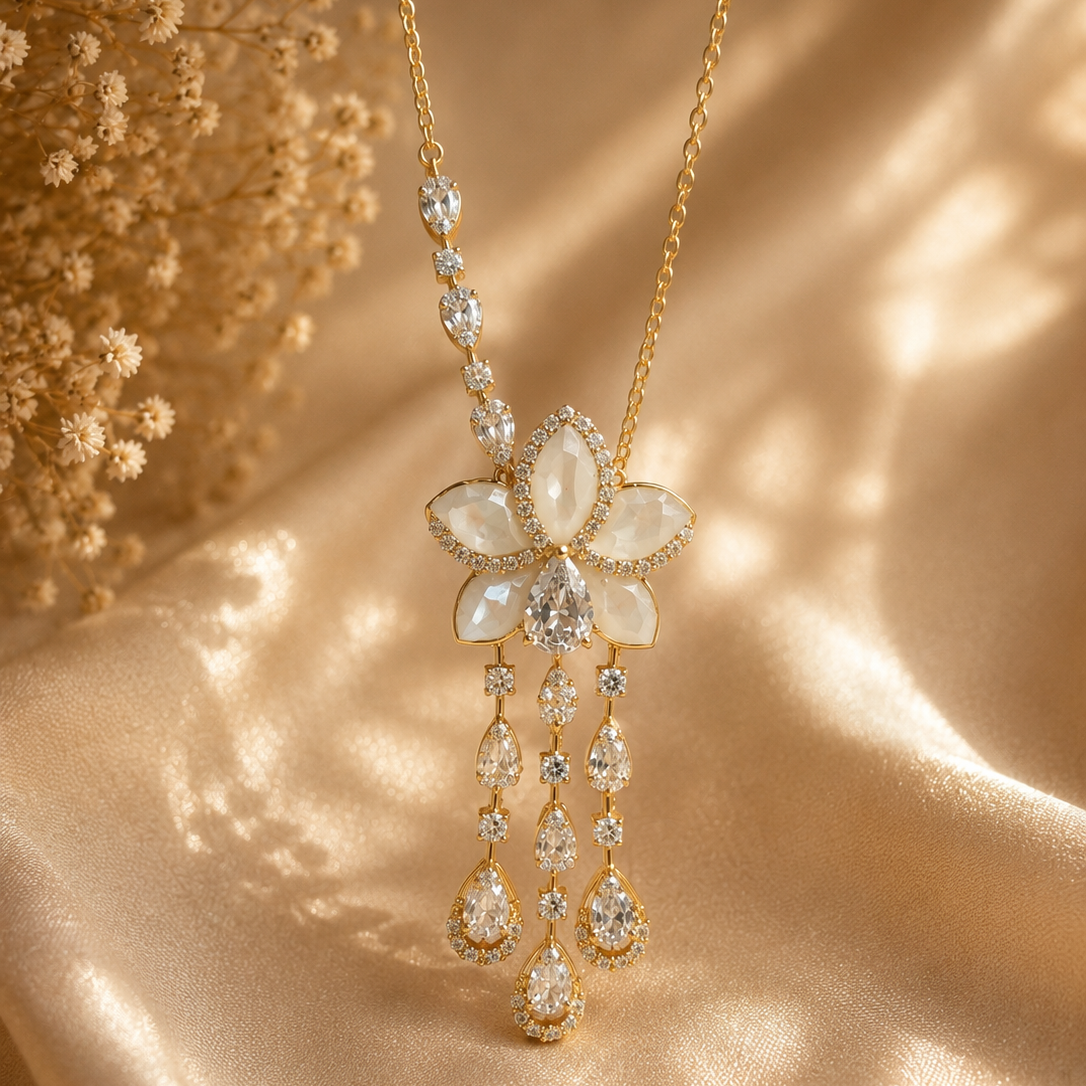 Ivory Bloom Enamel Pendant Necklace