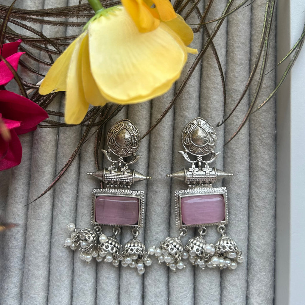Silver Toned Pink Jhumkas