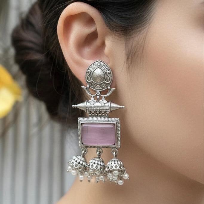 Silver Toned Pink Jhumkas