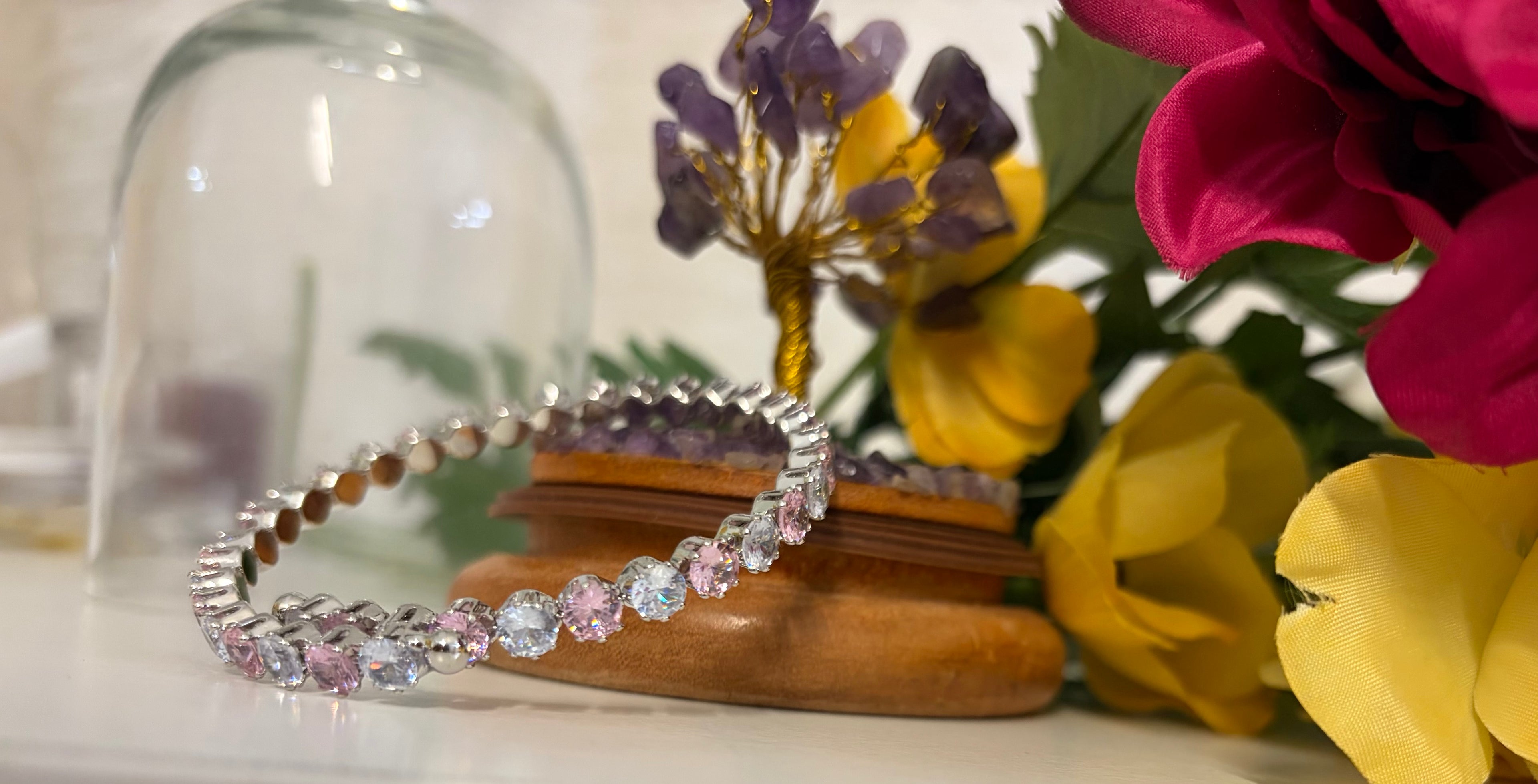 White Pink RoundCut Tennis Bracelet