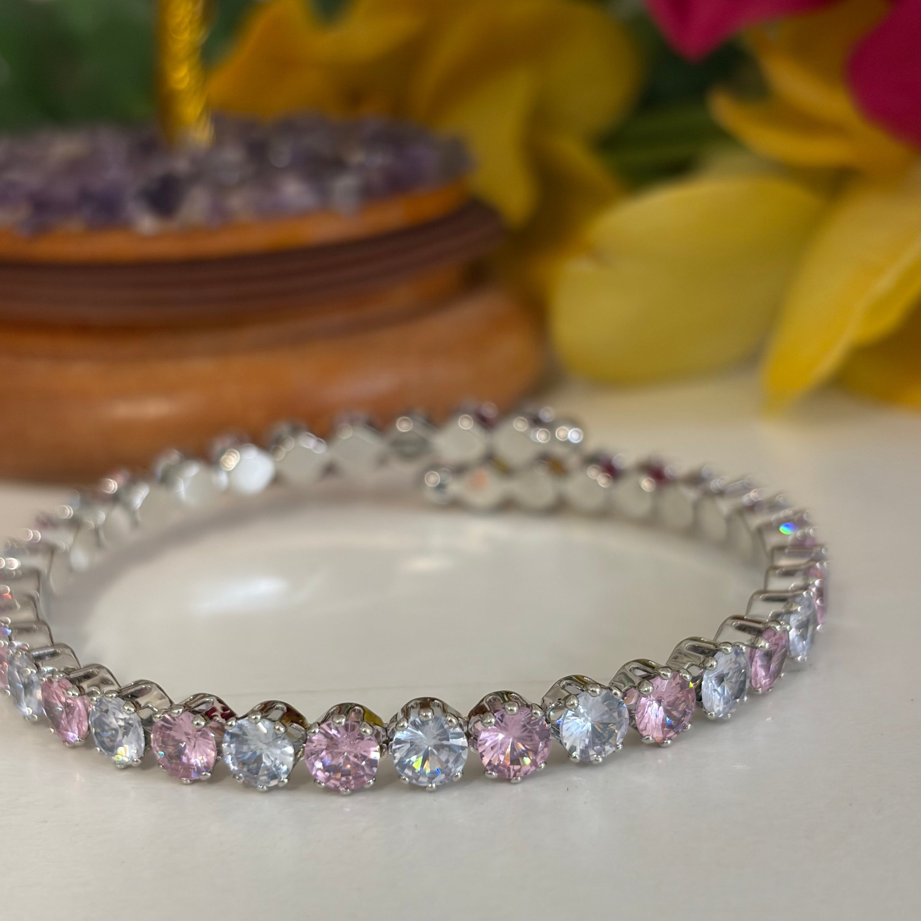 White Pink RoundCut Tennis Bracelet