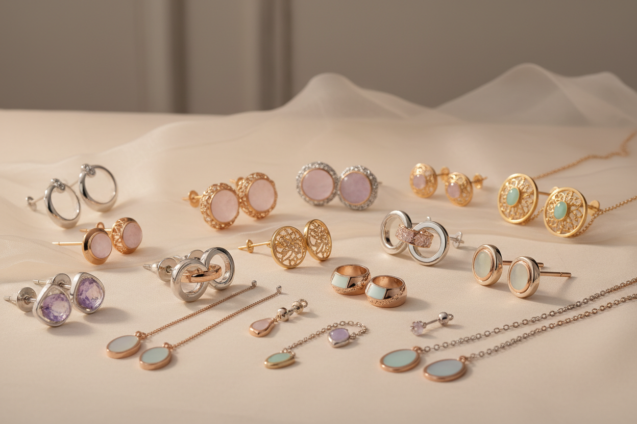 jewellery including earrings with golden silver and pastel colours